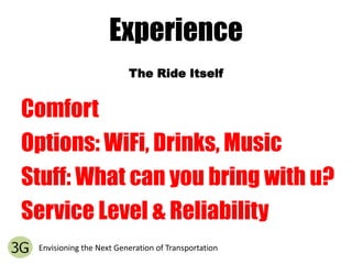 ExperienceThe Ride ItselfComfortOptions: WiFi, Drinks, MusicStuff: What can you bring with u?Service Level & ReliabilityEnvisioning the Next Generation of Transportation