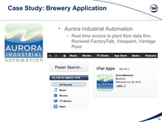 Case Study: Brewery Application


               • Aurora Industrial Automation
                  – Real time access to plant floor data thru
                    Rockwell FactoryTalk, Viewpoint, Vantage
                    Point




                                                                19
 