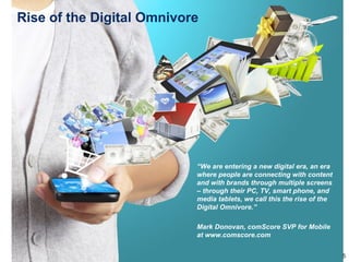 Rise of the Digital Omnivore




                         •   “We are entering a new digital era, an era
                             where people are connecting with content
                             and with brands through multiple screens
                             – through their PC, TV, smart phone, and
                             media tablets, we call this the rise of the
                             Digital Omnivore.”

                             Mark Donovan, comScore SVP for Mobile
                             at www.comscore.com


                                                                           5
 