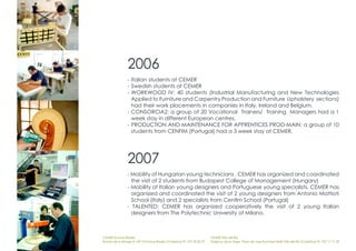 2006
                - Italian students at CEMER
                - Swedish students at CEMER
                - WORKWOOD IV: 40 students (Industrial Manufacturing and New Technologies
                  Applied to Furniture and Carpentry Production and Furniture Upholstery sections)
                  had their work placements in companies in Italy, Ireland and Belgium.
                - CONSORCIA2: a group of 20 Vocational Trainers/ Training Managers had a 1
                  week stay in different European centres.
                - PRODUCTION AND MAINTENANCE FOR APPRENTICES PROD-MAIN: a group of 10
                  students from CENFIM (Portugal) had a 3 week stay at CEMER.




                2007
                - Mobility of Hungarian young technicians . CEMER has organized and coordinated
                  the visit of 2 students from Budapest College of Management (Hungary)
                - Mobility of Italian young designers and Portuguese young specialists. CEMER has
                  organized and coordinated the visit of 2 young designers from Antonio Mattioti
                  School (Italy) and 2 specialists from Cenfim School (Portugal)
                - TALENTED: CEMER has organized cooperatively the visit of 2 young Italian
                  designers from The Polytechnic University of Milano.



CEMER Encinas Reales                                                    CEMER Villa del Río
Ronda de la Manga 8 14913 Encinas Reales (Córdoba) tlf.: 957 59 82 97   Polígono de la Vega. Plaza de Jose Sanchez14640 Villa del Río (Córdoba) tlf.: 957 17 71 09
 