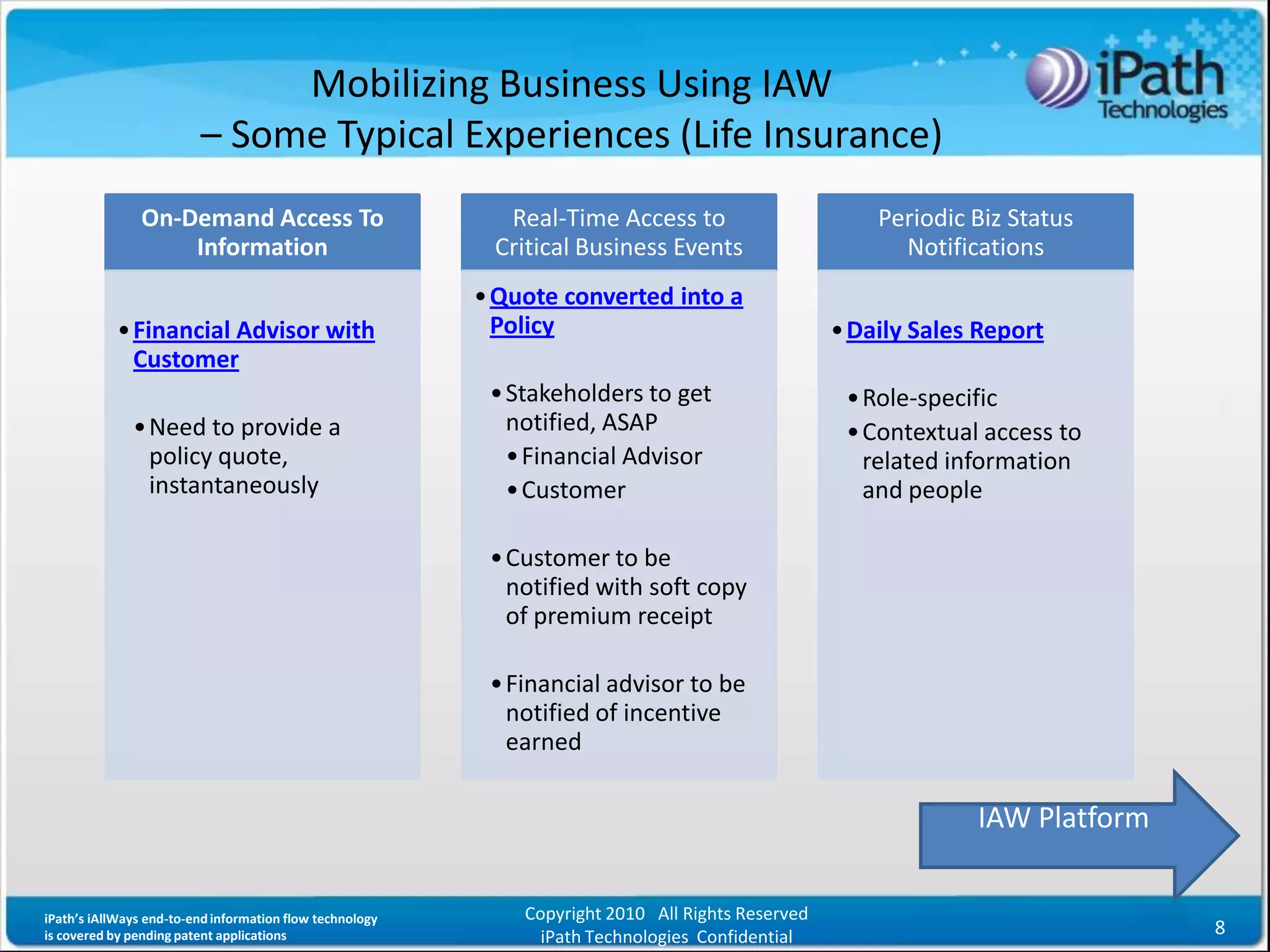 Mobilizing Business Using IAW
                         – Some Typical Experiences (Life Insurance)
               On-Demand Access To                          Real-Time Access to                        Periodic Biz Status
                   Information                             Critical Business Events                      Notifications
                                                          • Quote converted into a
            • Financial Advisor with                        Policy                                 • Daily Sales Report
              Customer
                                                           • Stakeholders to get                    • Role-specific
              • Need to provide a                            notified, ASAP                         • Contextual access to
                policy quote,                                • Financial Advisor                      related information
                instantaneously                              • Customer                               and people

                                                           • Customer to be
                                                             notified with soft copy
                                                             of premium receipt

                                                           • Financial advisor to be
                                                             notified of incentive
                                                             earned

                                                                                                                IAW Platform


iPath’s iAllWays end-to-end information flow technology       Copyright 2010 All Rights Reserved
is covered by pending patent applications                       iPath Technologies Confidential                                8
 