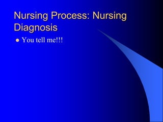 Nursing Process: Nursing
Diagnosis
 You tell me!!!
 