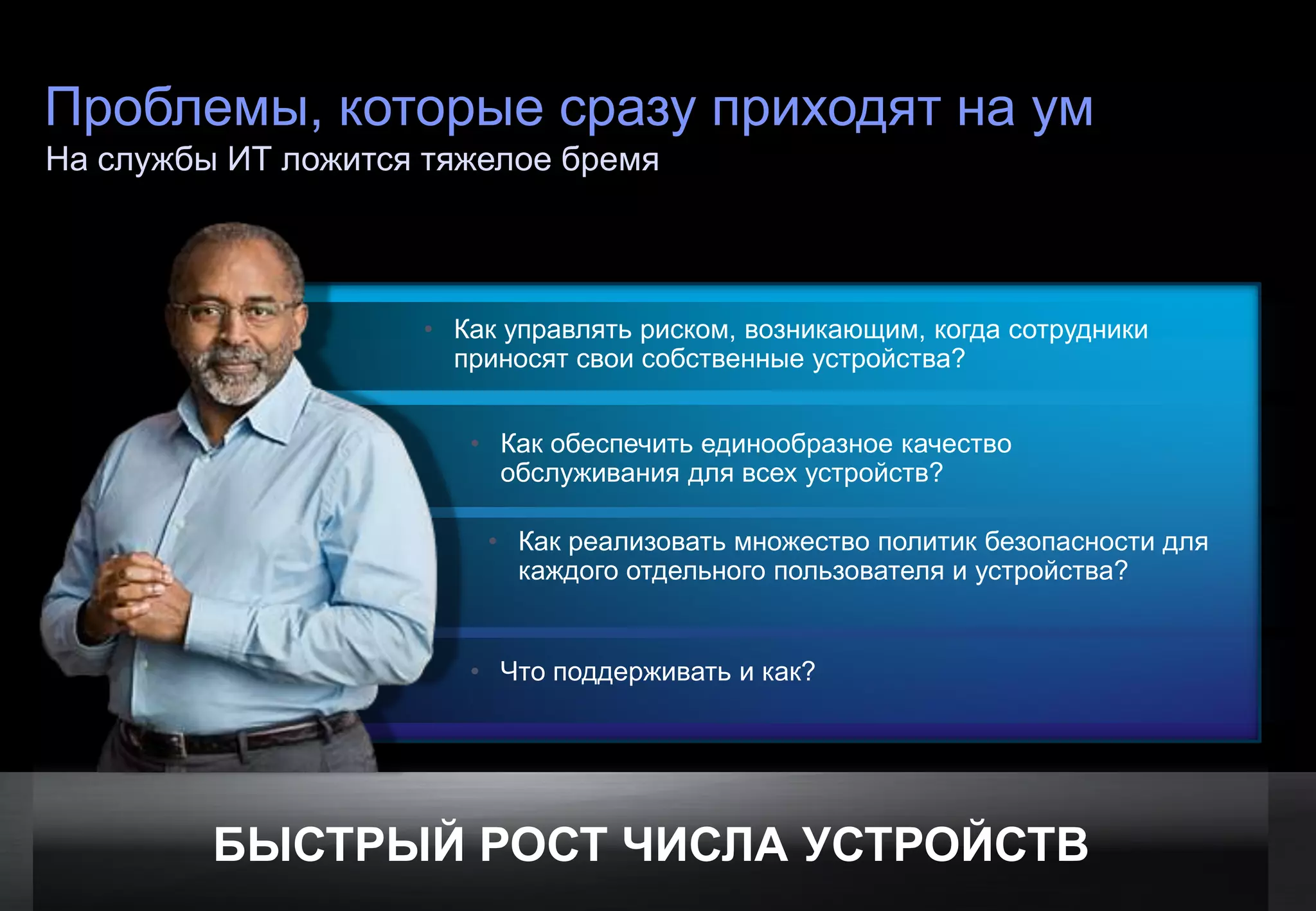 Проблемы, которые сразу приходят на ум
На службы ИТ ложится тяжелое бремя



                                                                  • Как управлять риском, возникающим, когда сотрудники
                                                                    приносят свои собственные устройства?


                                                                     • Как обеспечить единообразное качество
                                                                       обслуживания для всех устройств?

                                                                      • Как реализовать множество политик безопасности для
                                                                        каждого отдельного пользователя и устройства?


                                                                     • Что поддерживать и как?




                                БЫСТРЫЙ РОСТ ЧИСЛА УСТРОЙСТВ
© Cisco и/или ее дочерние компании, 2011 г. Все права защищены.                                                              23
 