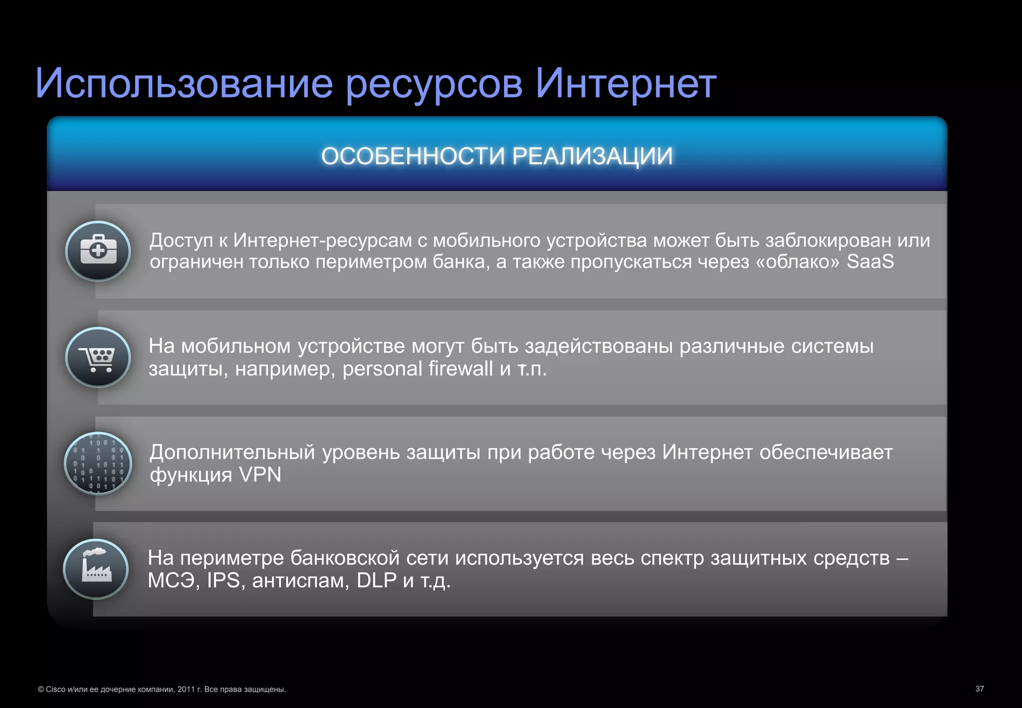 Использование ресурсов Интернет
                                                                  ОСОБЕННОСТИ РЕАЛИЗАЦИИ


                            Доступ к Интернет-ресурсам с мобильного устройства может быть заблокирован или
                            ограничен только периметром банка, а также пропускаться через «облако» SaaS



                            На мобильном устройстве могут быть задействованы различные системы
                                                                  .
                            защиты, например, personal firewall и т.п.


                            Дополнительный уровень защиты при работе через Интернет обеспечивает
                            функция VPN


                           На периметре банковской сети используется весь спектр защитных средств –
                           МСЭ, IPS, антиспам, DLP и т.д.




© Cisco и/или ее дочерние компании, 2011 г. Все права защищены.                                              37
 