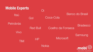 !
Samsung
HP
Coca-Cola
!
Oi
Red Bull
Petrobrás
Coelho da Fonseca
Itaú
Vivo
Gol
Nokia
Banco do Brasil
Bradesco
TIM
Microsoft
Mobile Experts
 