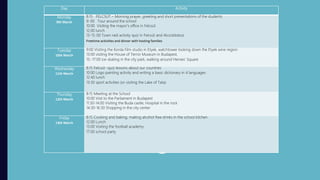 Day Activity
Monday
9th March
8:15 FELCSÚT – Morning prayer, greeting and short presentations of the students
9: 00 Tour around the school
10:00 Visiting the mayor’s office in Felcsút
12:00 lunch
13-15::00 Town raid activity quiz in Felcsút and Alcsútdoboz
Freetime activities and dinner with hosting families
Tuesday
10th March
9:00 Visiting the Korda Film studio in Etyek, watchtower looking down the Etyek wine region
13:00 visiting the House of Terror Museum in Budapest,
15:-17:00 ice-skating in the city park, walking around Heroes’ Square
Wednesday
11th March
8:15 Felcsút -quiz lessons about our countries
10:00 Logo painting activity and writing a basic dictionary in 4 languages
12:40 lunch
13:30 sport activities (or visiting the Lake of Tata)
Thursday
12th March
8:15 Meeting at the School
10:00 Visit to the Parliament in Budapest
11:30-14:00 Visiting the Buda castle, Hospital in the rock
14:30-16:30 Shopping in the city center
Friday
13th March
8:15 Cooking and baking, making alcohol free drinks in the school kitchen
12:00 Lunch
13:00 Visiting the football academy
17:00 school party
 