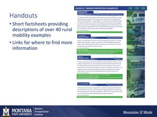 Handouts
• Short factsheets providing
descriptions of over 40 rural
mobility examples
• Links for where to find more
information
 