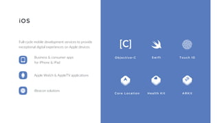 iOS
Business & consumer apps
for iPhone & iPad
Full-cycle mobile development services to provide
exceptional digital experiences on Apple devices.
Apple Watch & AppleTV applications
iBeacon solutions
Objective-C
[C]
Swift Touch ID
Health KitCore Location ARKit
 