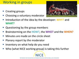 Working in groups
 Creating groups
 Choosing a voluntary moderator
 Introduction of the idea by the developer: WHY? and
WHAT?
 Questioning by the group members
 Brainstorming on the HOW?, the WHO? and the WHEN?
 Minutes are made on the circle sheet
 Planary report by the moderator
 Inventory on what help do you need
 Who (what NICE working group) is taking this further
 
