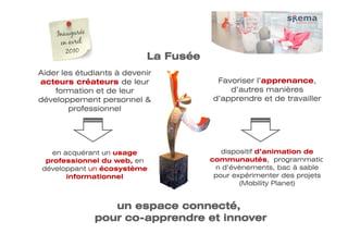 Aider les étudiants à devenir
acteurs créateurs de leur             Favoriser l’apprenance,
    formation et de leur                 d’autres manières
développement personnel &            d’apprendre et de travailler
        professionnel



                                La
   en acquérant un usage                dispositif d’animation de
 professionnel du web, en            communautés, programmatio
développant un écosystème             n d’évènements, bac à sable
       informationnel                 pour expérimenter des projets
                                             (Mobility Planet)
 
