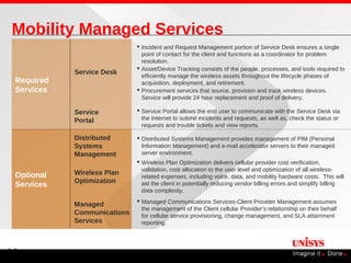 Mobility Managed Services
                              Incident and Request Management portion of Service Desk ensures a single
                               point of contact for the client and functions as a coordinator for problem
                               resolution.
                              Asset/Device Tracking consists of the people, processes, and tools required to
            Service Desk
                               efficiently manage the wireless assets throughout the lifecycle phases of
 Required                      acquisition, deployment, and retirement.
 Services                     Procurement services that source, provision and track wireless devices.
                               Service will provide 24 hour replacement and proof of delivery.

            Service           Service Portal allows the end user to communicate with the Service Desk via
            Portal             the Internet to submit incidents and requests, as well as, check the status or
                               requests and trouble tickets and view reports.

            Distributed       Distributed Systems Management provides management of PIM (Personal
            Systems            Information Management) and e-mail accelerator servers to their managed
            Management         server environment.
                              Wireless Plan Optimization delivers cellular provider cost verification,
                               validation, cost allocation to the user level and optimization of all wireless-
 Optional   Wireless Plan
                               related expenses, including voice, data, and mobility hardware costs. This will
            Optimization
 Services                      aid the client in potentially reducing vendor billing errors and simplify billing
                               data complexity.
                              Managed Communications Services-Client Provider Management assumes
            Managed
                               the management of the Client cellular Provider’s relationship on their behalf
            Communications     for cellular service provisioning, change management, and SLA attainment
            Services           reporting.




11
 