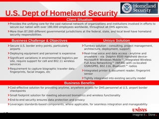 U.S. Dept of Homeland Security
                                                 Client Situation
     Provides the unifying core for the vast national network of organizations and institutions involved in efforts to
     secure our nation with over 180,000 employees worldwide, throughout all DHS agencies.
     More than 87,000 different governmental jurisdictions at the federal, state, and local level have homeland
     security responsibilities.

      Business Challenge & Objectives                                        Unisys Solution
     Secure U.S. border entry points, particularly            Turnkey solution - consulting, project management,
     airports                                                 architecture, deployment, support
     Deploying equipment and personnel is expensive           Real-time voice and data access - anytime and
                                                              anywhere – via Dolphin 9500 Handheld device-
     Significant variations in environmental logistics per
     site, require support for cell and 802.11 wireless       Microsoft® Windows Mobile™, integrated Wireless
                                                              Full Area Networking™ (WFAN) with co-located
     services
                                                              GSM/GPRS, 802.11b, Bluetooth™ radios
     Requirement to capture biographic traveler data -
                                                              Integrated printer & document reader; fingerprint
     fingerprints, facial images, etc
                                                              sensor
                                                              Tightly integrated into existing security model
                                               Business Benefits
     Cost-effective solution for providing anytime, anywhere access for DHS personnel at U.S. airport border
     checkpoints
     Small footprint solution for meeting advanced biometrics and wireless functionality
     End-to-end security ensures data protection and privacy
     Leverages standards-based components, where applicable, for seamless integration and manageability



18
 