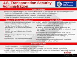 U.S. Transportation Security
Administration
                                                  Client Situation
     Responsible for protecting the U.S. transportation systems to ensure freedom of movement for people and
     commerce; Includes airports, railways, highways, transit, maritime, and pipelines.
     Over 429 commercial airports serving more than 2M passengers per day
     Over 6,000 geographically dispersed users requiring mobility services

      Business Challenge & Objectives                                        Unisys Solution
     Managing carrier operations and services from      Project planning, rate negotiations and service procurement;
     a large number of service providers                provides customer service to streamline and enhance
                                                        wireless communications services
     Provide rate standardization and cost
     management for all mobility services and           Created a “Nationwide 500 minute pooled plan” to
     devices                                            standardize rates, giving TSA the ability to accurately budget
     Effective lifecycle management of mobility         and forecast
     equipment                                          Developed customized plan for TSA to ‘rent’ cellular
     Billing management and auditing from service       equipment under the managed services model, eliminating
     providers                                          ownership and disposal of obsolete, damaged or
                                                        malfunctioning equipment
     Provide quality customer service for users
                                                         Consolidated billing and management of daily carrier
                                                        operations of all cellular services

                                               Business Benefits
     Rate Standardization – eliminate costs from usage overages
     Cost Savings – TSA will save nearly 30% in the first contract year over the previous carrier billing
     Overall Program Optimization – Unisys created a database of all active units and associated usage and made
     recommendations for deactivation or redeployment

20
 