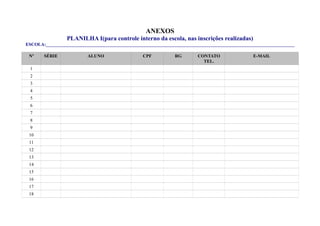 ANEXOS
PLANILHA I(para controle interno da escola, nas inscrições realizadas)
ESCOLA:_____________________________________________________________________________________________________________
Nº SÉRIE ALUNO CPF RG CONTATO
TEL.
E-MAIL
1
2
3
4
5
6
7
8
9
10
11
12
13
14
15
16
17
18
 