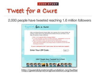 CASE STUDY



Tweet for a Cure
2,000 people have tweeted reaching 1.6 million followers




         http://gwendolynstrongfoundation.org/twitter
 