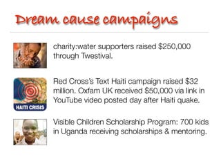 Dream cause campaigns
    charity:water supporters raised $250,000
    through Twestival.


    Red Cross’s Text Haiti campaign raised $32
    million. Oxfam UK received $50,000 via link in
    YouTube video posted day after Haiti quake.

    Visible Children Scholarship Program: 700 kids
    in Uganda receiving scholarships & mentoring.
 