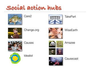Social action hubs
     Care2           TakePart



     Change.org      WiseEarth



     Causes          Amazee



     Idealist
                     Causecast
 