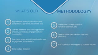 METHODOLOGY?!
1
2
3
5
6
7
App/website analisys (benchmark with
competitors, app store placement, etc)
4
Current attribution and tracking plartform
analysis, considering engagement and
monetization
Campaign goals setting (more installs, nore
engagament, boost sales?)
Initial budget deﬁnition
Supervision on deployment of
“creative” (banners, etc)
Segmentation (geo, devices, app size,
platforms)
KPI’s deﬁnition and triggers to increase volume
WHAT’S OUR
 