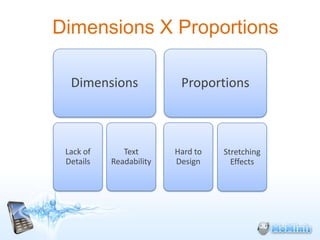 Dimensions X Proportions

  Dimensions              Proportions



 Lack of      Text       Hard to   Stretching
 Details   Readability   Design      Effects
 