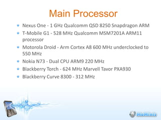 Main Processor
Nexus One - 1 GHz Qualcomm QSD 8250 Snapdragon ARM
T-Mobile G1 - 528 MHz Qualcomm MSM7201A ARM11
processor
Motorola Droid - Arm Cortex A8 600 MHz underclocked to
550 MHz
Nokia N73 - Dual CPU ARM9 220 MHz
Blackberry Torch - 624 MHz Marvell Tavor PXA930
Blackberry Curve 8300 - 312 MHz
 