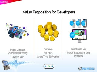 Value Proposition for Developers




 Rapid Creation           No-Cost,           Distribution via
Automated Porting         No-Risk,         MoMinis Solutions and
  Easy-to-Use       Short Time-To-Market        Partners
 