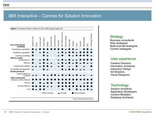 IBM Interactive – Centres for Solution Innovation Solution Architects Application Developers Content Modelers Database Architects Creative Directors  Information Architects Interaction Design Art Directors Visual Designers Business consultants  Web strategists Multi-channel strategists Content strategists Technology User experience Strategy 