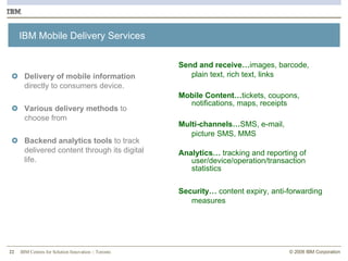 IBM Mobile Delivery Services Send and receive… images, barcode,  plain text, rich text, links Mobile Content… tickets, coupons,  notifications, maps, receipts Multi-channels… SMS, e-mail,  picture SMS, MMS Analytics…  tracking and reporting of user/device/operation/transaction statistics Security…  content expiry, anti-forwarding measures Delivery of mobile information  directly to consumers device.  Various delivery methods  to choose from Backend analytics tools  to track delivered content through its digital life. 