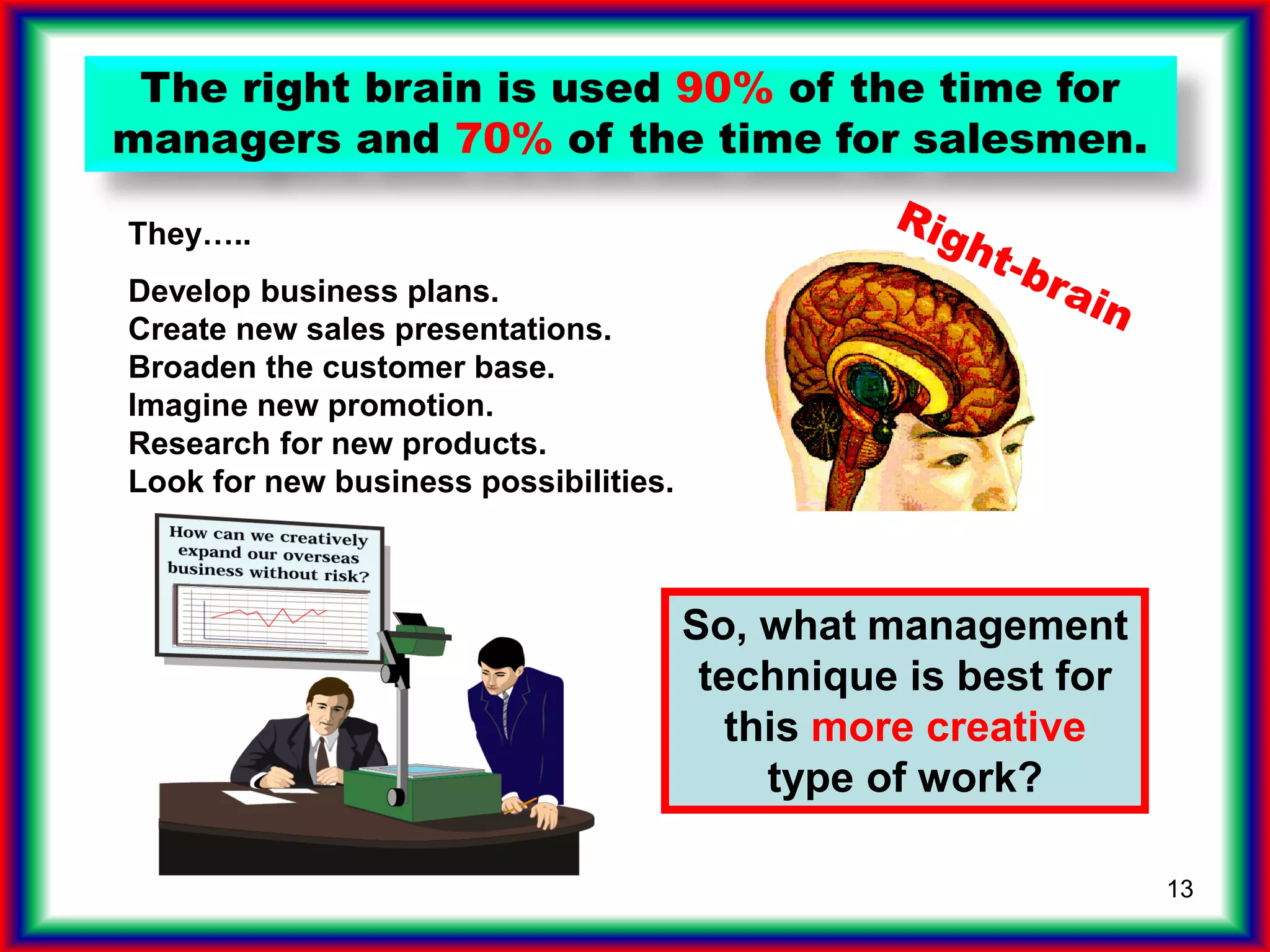 13
The right brain is used 90% of the time for
managers and 70% of the time for salesmen.
So, what management
technique is best for
this more creative
type of work?
They…..
Develop business plans.
Create new sales presentations.
Broaden the customer base.
Imagine new promotion.
Research for new products.
Look for new business possibilities.
 
