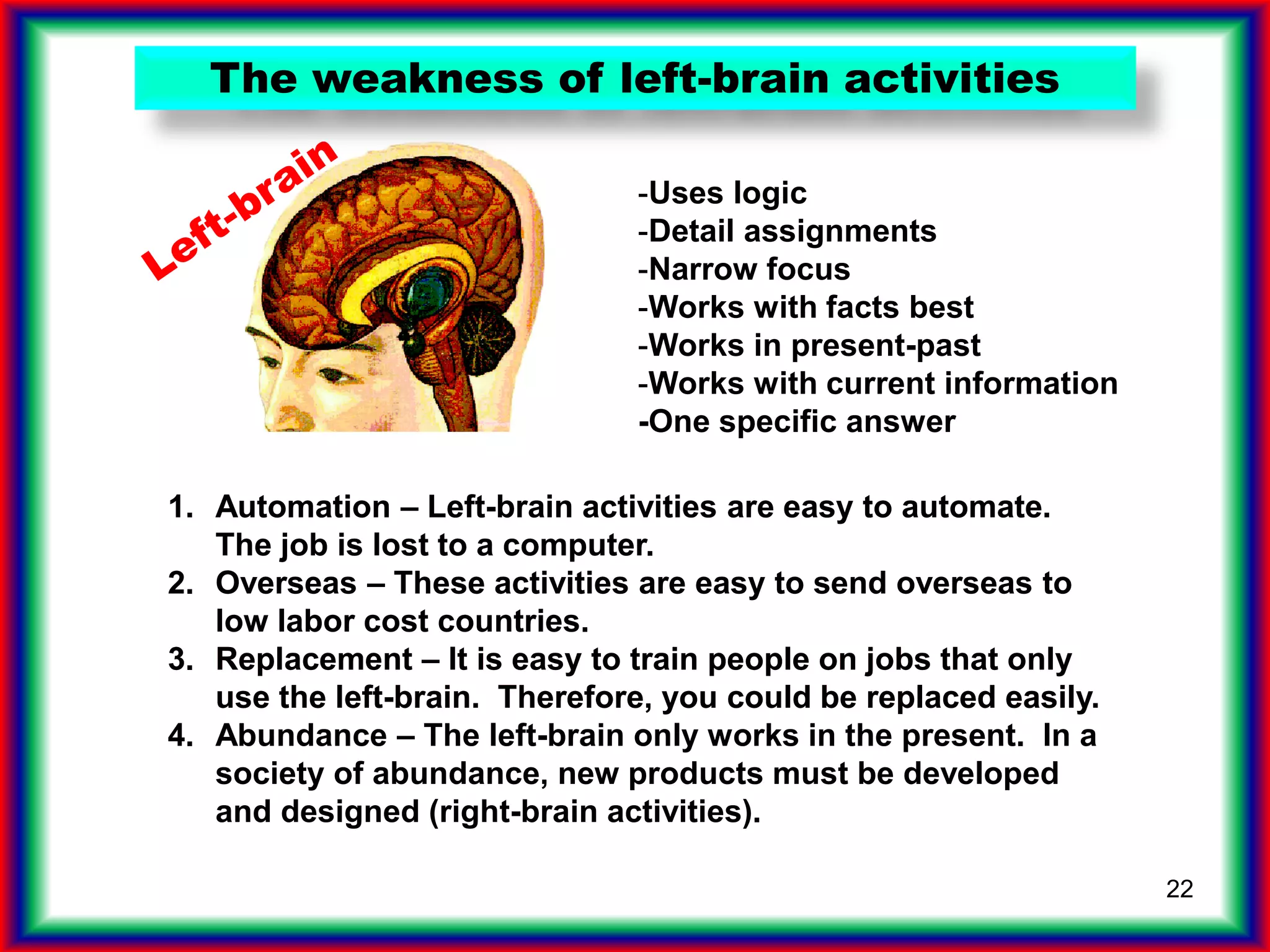 22
-Uses logic
-Detail assignments
-Narrow focus
-Works with facts best
-Works in present-past
-Works with current information
-One specific answer
1. Automation – Left-brain activities are easy to automate.
The job is lost to a computer.
1. Automation – Left-brain activities are easy to automate.
The job is lost to a computer.
2. Overseas – These activities are easy to send overseas to
low labor cost countries.
1. Automation – Left-brain activities are easy to automate.
The job is lost to a computer.
2. Overseas – These activities are easy to send overseas to
low labor cost countries.
3. Replacement – It is easy to train people on jobs that only
use the left-brain. Therefore, you could be replaced easily.
1. Automation – Left-brain activities are easy to automate.
The job is lost to a computer.
2. Overseas – These activities are easy to send overseas to
low labor cost countries.
3. Replacement – It is easy to train people on jobs that only
use the left-brain. Therefore, you could be replaced easily.
4. Abundance – The left-brain only works in the present. In a
society of abundance, new products must be developed
and designed (right-brain activities).
The weakness of left-brain activities
 