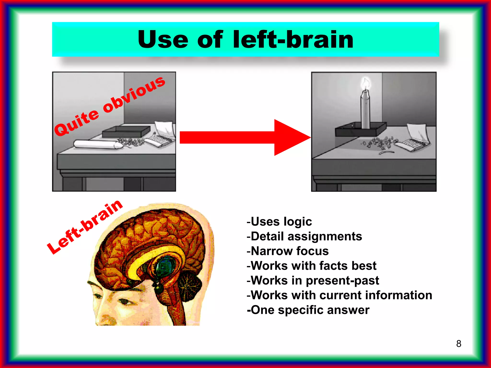 8
Use of left-brain
-Uses logic
-Detail assignments
-Narrow focus
-Works with facts best
-Works in present-past
-Works with current information
-One specific answer
 