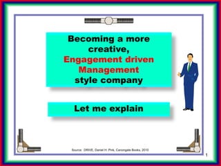 1
Let me explain
Becoming a more
creative,
Engagement driven
Management
style company
Source: DRIVE, Daniel H. Pink, Canongate Books, 2010
 