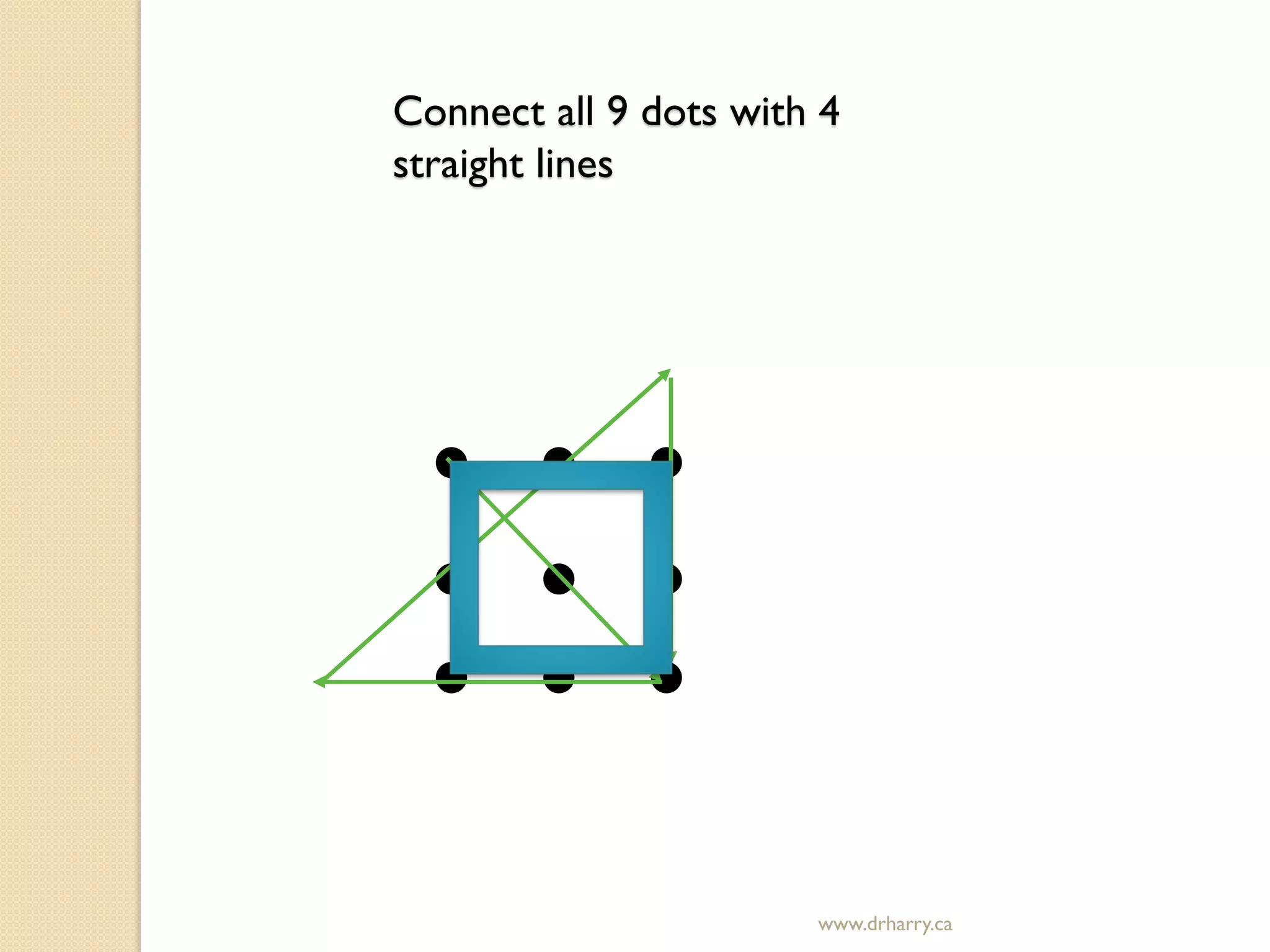 www.drharry.ca
Connect all 9 dots with 4
straight lines
 