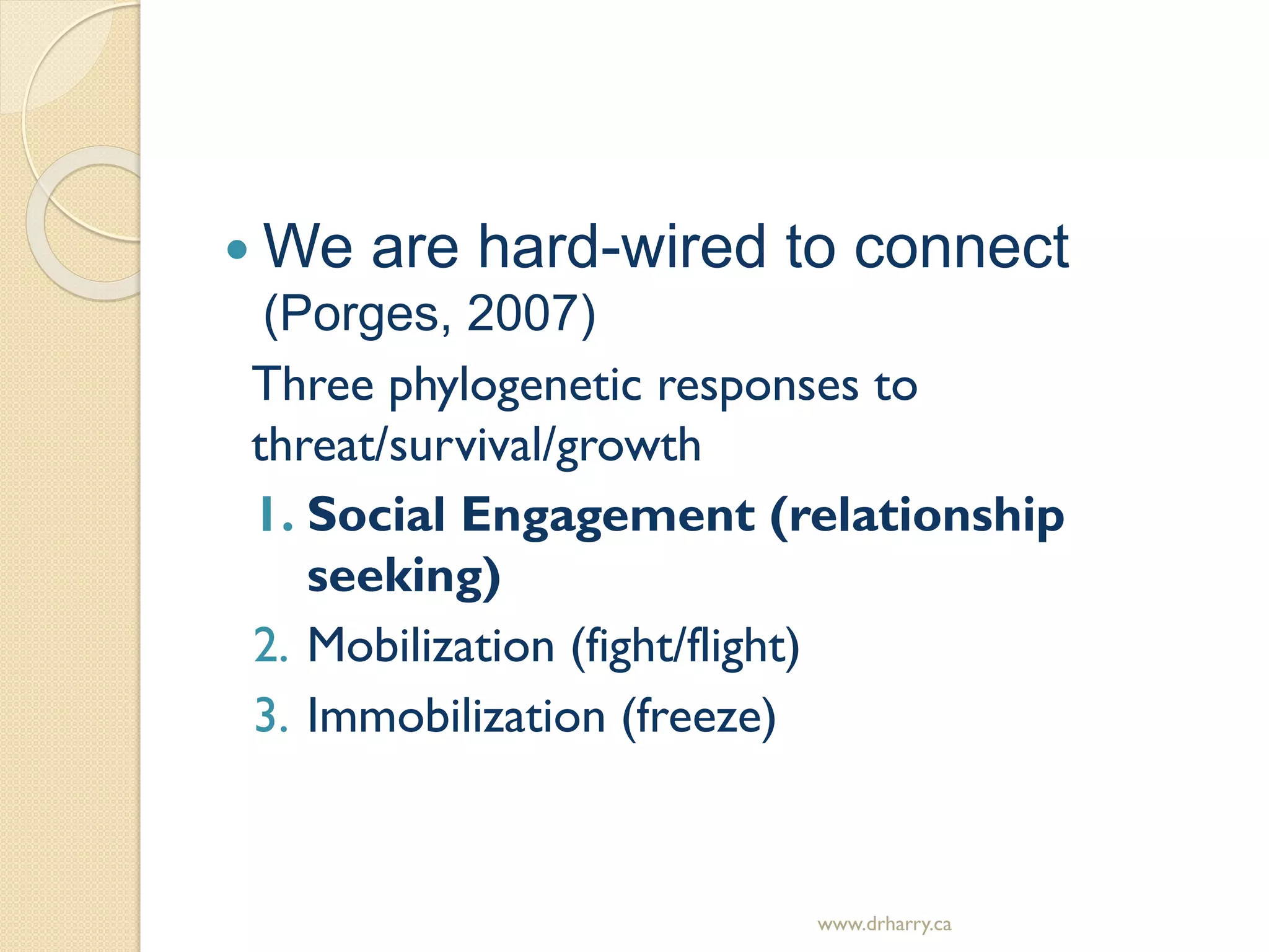  We are hard-wired to connect
(Porges, 2007)
Three phylogenetic responses to
threat/survival/growth
1. Social Engagement (relationship
seeking)
2. Mobilization (fight/flight)
3. Immobilization (freeze)
www.drharry.ca
 