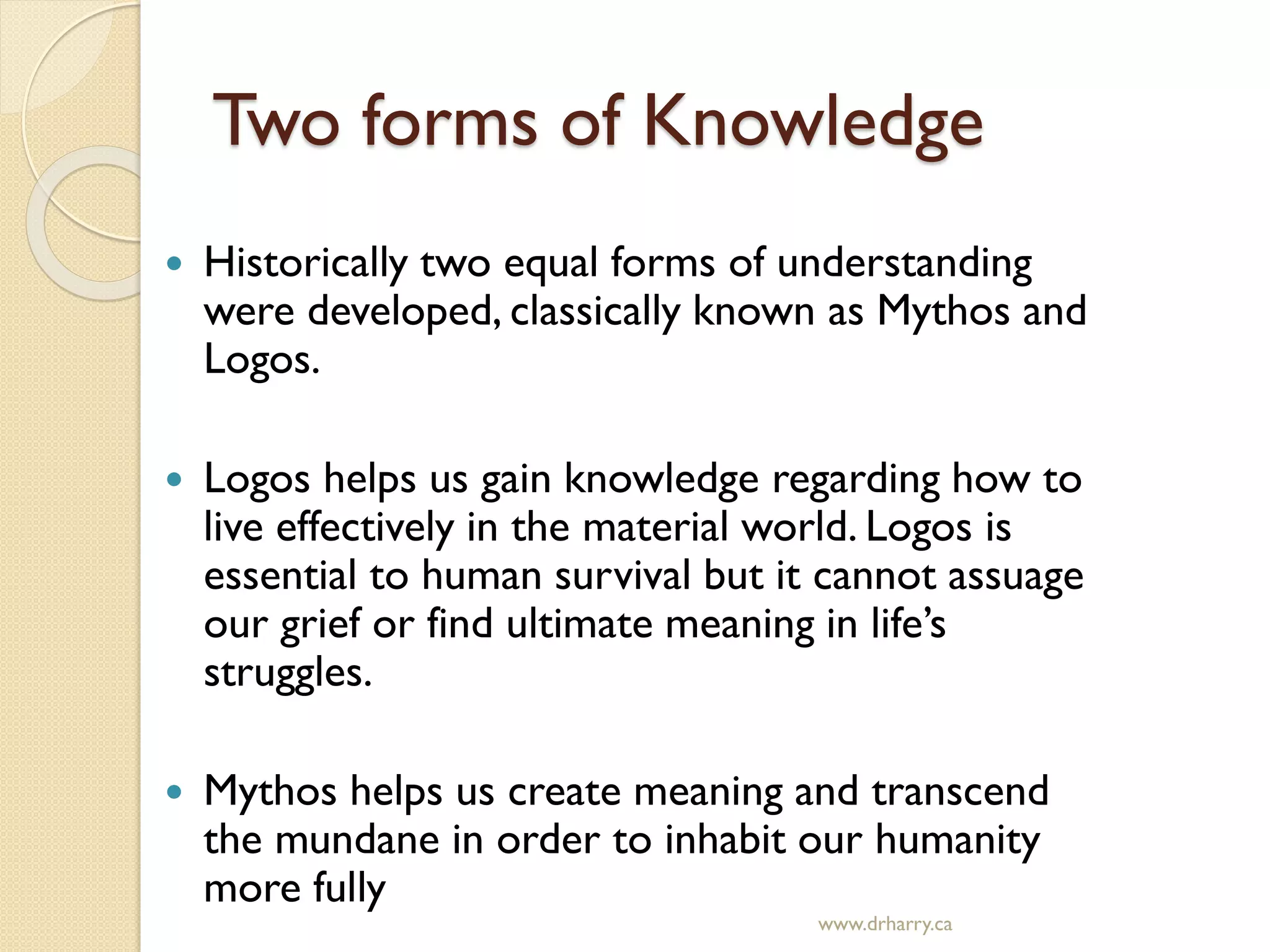 Two forms of Knowledge
 Historically two equal forms of understanding
were developed, classically known as Mythos and
Logos.
 Logos helps us gain knowledge regarding how to
live effectively in the material world. Logos is
essential to human survival but it cannot assuage
our grief or find ultimate meaning in life’s
struggles.
 Mythos helps us create meaning and transcend
the mundane in order to inhabit our humanity
more fully
www.drharry.ca
 