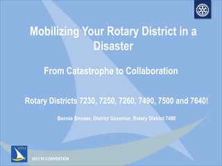 2013 RI CONVENTION
Mobilizing Your Rotary District in a
Disaster
From Catastrophe to Collaboration
Rotary Districts 7230, 7250, 7260, 7490, 7500 and 7640!
Bonnie Sirower, District Governor, Rotary District 7490
 