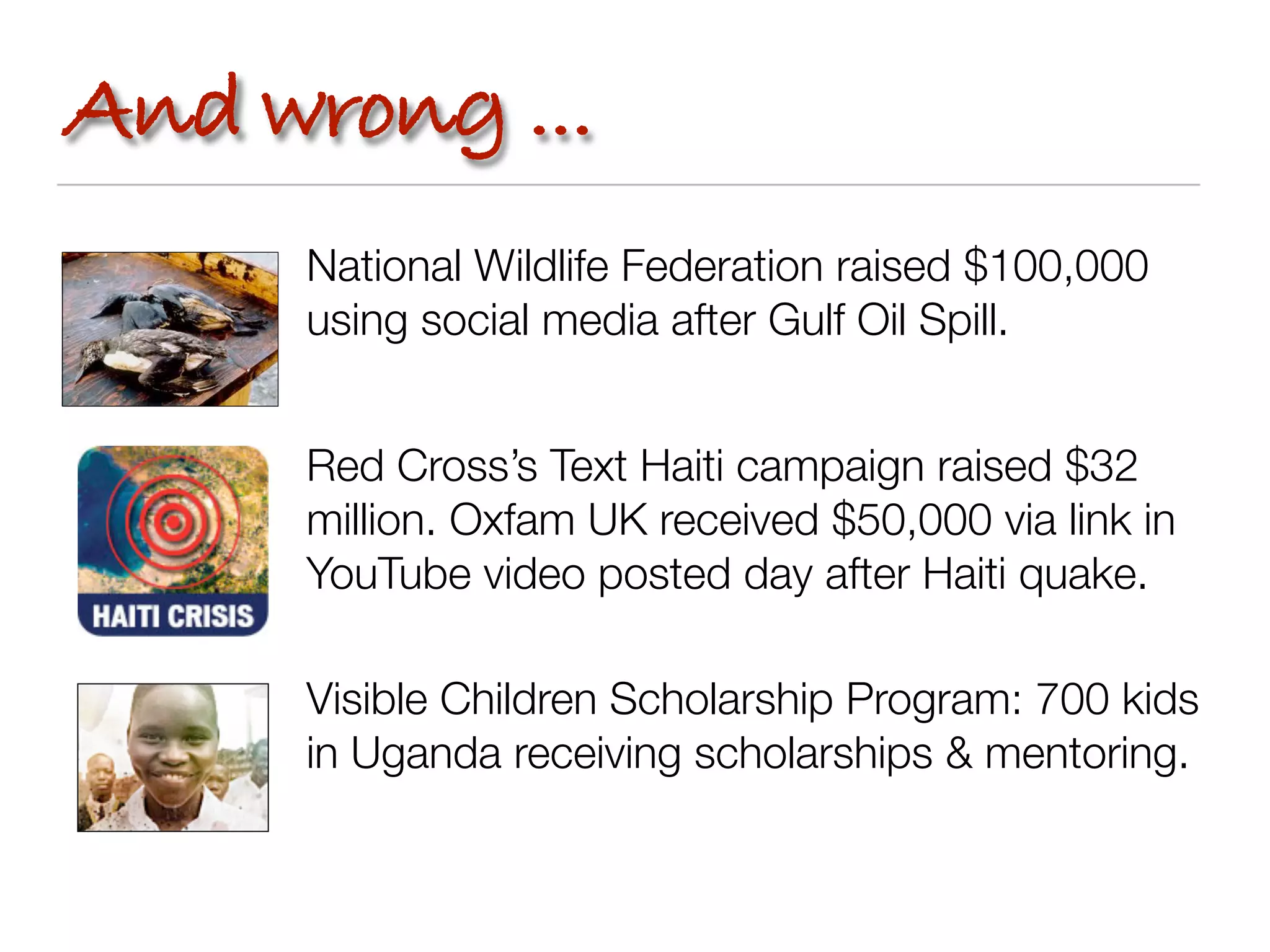 And wrong ...
     National Wildlife Federation raised $100,000
     using social media after Gulf Oil Spill.


     Red Cross’s Text Haiti campaign raised $32
     million. Oxfam UK received $50,000 via link in
     YouTube video posted day after Haiti quake.

     Visible Children Scholarship Program: 700 kids
     in Uganda receiving scholarships & mentoring.
 