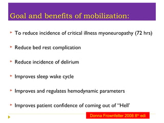 Goal and benefits of mobilization:
 To reduce incidence of critical illness myoneuropathy (72 hrs)
 Reduce bed rest complication
 Reduce incidence of delirium
 Improves sleep wake cycle
 Improves and regulates hemodynamic parameters
 Improves patient confidence of coming out of “Hell’
Donna Frownfelter 2008 8th
edi
 