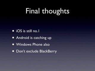 Final thoughts

• iOS is still no.1
• Android is catching up
• Windows Phone also
• Don’t exclude BlackBerry
 