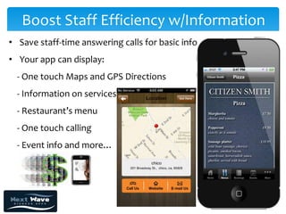 Boost Staff Efficiency w/Information
• Save staff-time answering calls for basic info
• Your app can display:
  - One touch Maps and GPS Directions
  - Information on services
  - Restaurant’s menu
  - One touch calling
  - Event info and more…
 