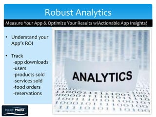 Robust Analytics
Measure Your App & Optimize Your Results w/Actionable App Insights!

• Understand your
  App’s ROI

• Track
   -app downloads
   -users
   -products sold
   -services sold
   -food orders
   -reservations
 