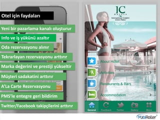 Yeni bir pazarlama kanalı oluşturur
Oda rezervasyonu alınır
Tekrarlayan rezervasyonu arttırır
Marka değerini ve prestiji yükseltir
Müşteri sadakatini arttırır
Otel için faydaları
A’La Carte Rezervasyonu
PMS’le entegre geri bildirim
Info ve iş yükünü azaltır
Twitter/Facebook takipçilerini arttırır
 