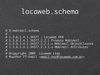 locaweb.schema

#   $ mobimail.schema
#
#   1.3.6.1.4.1.34377 - Locaweb PEN
#   1.3.6.1.4.1.34377.2.2.1 Produto Mobimail
#   1.3.6.1.4.1.34377.2.2.1.x Mobimail ObjectClasses
#   1.3.6.1.4.1.34377.2.3.1.x Mobimail Attributes
#
#   @copyright 2009 Locaweb Ltda
#   @author FT-Email <email-tec@locaweb.com.br>
 