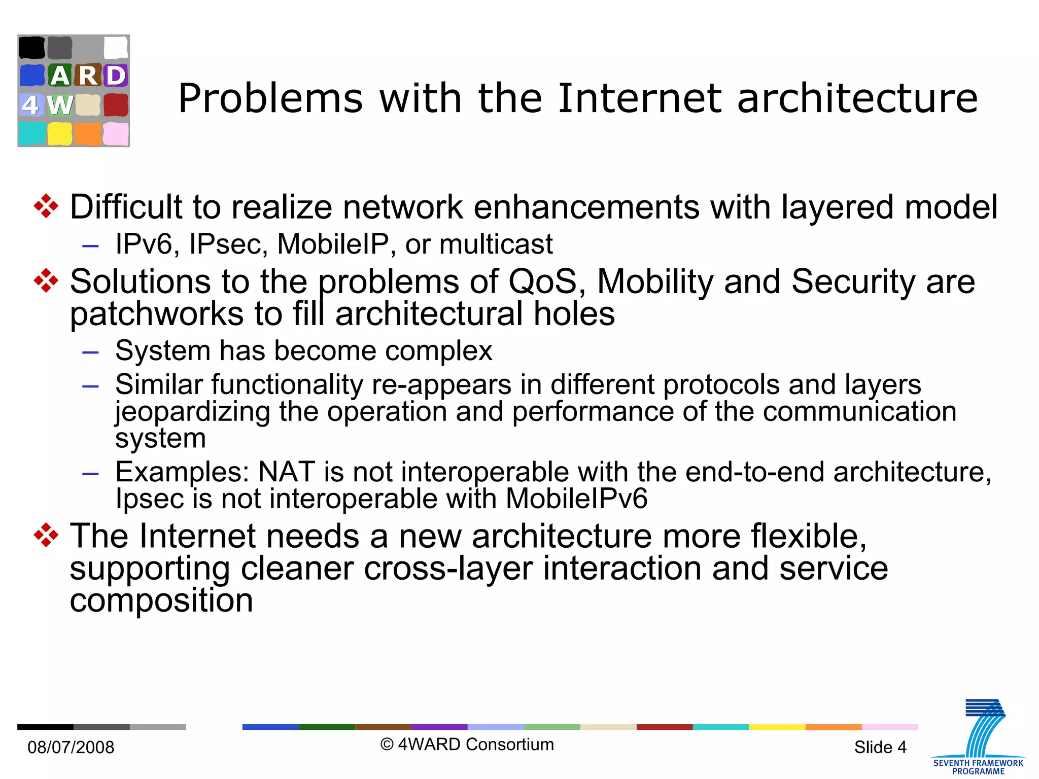 Problems with the Internet architecture Difficult to realize network enhancements with layered model IPv6, IPsec, MobileIP, or multicast Solutions to the problems of QoS, Mobility and Security are patchworks to fill architectural holes System has become complex Similar functionality re-appears in different protocols and layers jeopardizing the operation and performance of the communication system Examples: NAT is not interoperable with the end-to-end architecture, Ipsec is not interoperable with MobileIPv6 The Internet needs a new architecture more flexible, supporting cleaner cross-layer interaction and service composition 