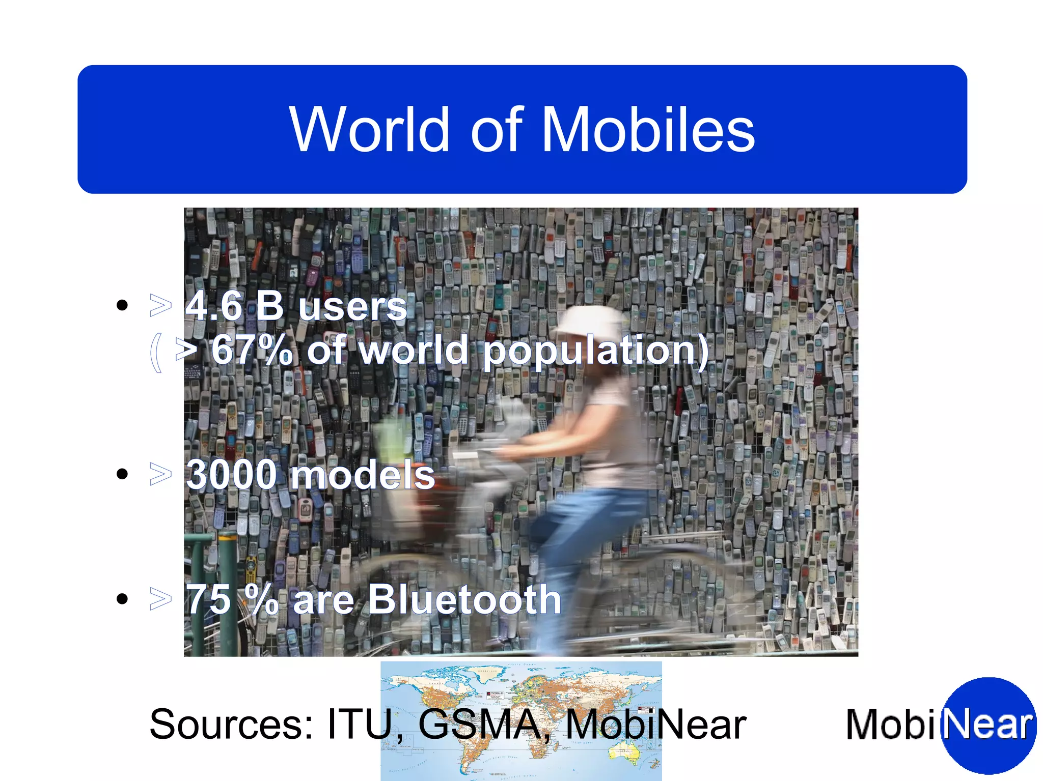 World of Mobiles

   > 4.6 B users
    ( > 67% of world population)

   > 3000 models

   > 75 % are Bluetooth

    Sources: ITU, GSMA, MobiNear
 