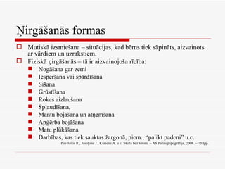 Ņirgāšanās formas Mutiskā izsmiešana – situācijas, kad bērns tiek sāpināts, aizvainots ar vārdiem un uzrakstiem.  Fiziskā ņirgāšanās – tā ir aizvainojoša rīcība: Nogāšana gar zemi Iesperšana vai spārdīšana Sišana Grūstīšana Rokas aizlaušana Spļaudīšana, Mantu bojāšana un atņemšana Apģērba bojāšana Matu plūkāšana Darbības, kas tiek sauktas žargonā, piem., “palikt padeni” u.c. Povilaitis R., Jasoļone J., Kuriene A. u.c. Skola bez terora. – AS Paraugtipogrāfija, 2008. – 75 lpp. 