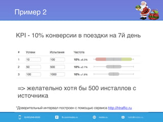 8(495)646-8595 fb.com/mobio.ru mobio.ru hello@mobio.ru
Пример 2
KPI - 10% конверсии в поездки на 7й день
=> желательно хотя бы 500 инсталлов с
источника
*Доверительный интервал построен с помощью сервиса http://htraffic.ru
 