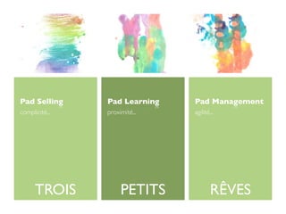 Pad Selling     Pad Learning   Pad Management
complicité...   proximité...   agilité...




      TROIS          PETITS            RÊVES
 