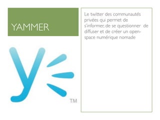 Le twitter des communautés
         privées qui permet de
YAMMER   s’informer, de se questionner de
         diffuser et de créer un open-
         space numérique nomade
 