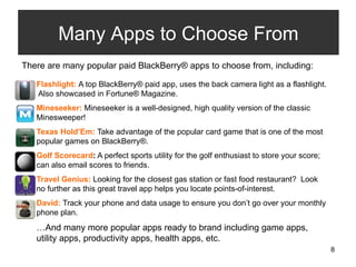 Flashlight:  A top BlackBerry® paid app, uses the back camera light as a flashlight.  Also showcased in Fortune® Magazine.  Mineseeker:   Mineseeker is a well-designed, high quality version of the classic Minesweeper!  Texas Hold’Em:   Take advantage of the popular card game that is one of the most popular games on BlackBerry®. Golf Scorecard :  A perfect sports utility for the golf enthusiast to store your score; can also email scores to friends.  Travel Genius:   Looking for the closest gas station or fast food restaurant?  Look no further as this great travel app helps you locate points-of-interest. David:  Track your phone and data usage to ensure you don’t go over your monthly phone plan.  … And many more popular apps ready to brand including game apps, utility apps, productivity apps, health apps, etc.  Many Apps to Choose From There are many popular paid BlackBerry® apps to choose from, including: 