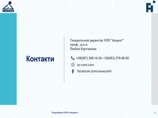 Контакти
21
Генеральний директор УОП "Акцент"
проф., д.п.н.
Любов Карташова
+38(067) 388-14-24; +38(093) 278-88-09
ac-cent.com
facebook.com/uesaccent
Розроблено УОП «Акцент»
 